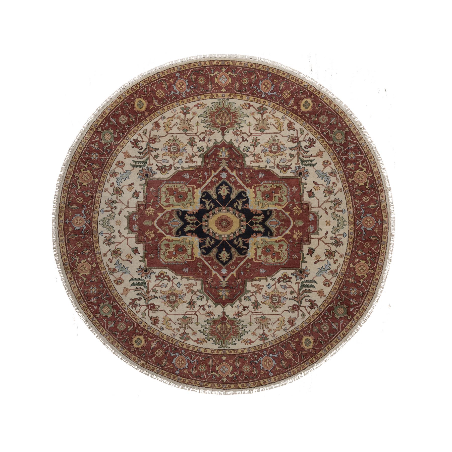 8'x8' Chiffon White, Antiqued Fine Heriz Re-Creation with Medallion Design, Hand Knotted, Hand Spun New Zealand Wool, Soft Pile, Vegetable Dyes, Round, Oriental Rug 